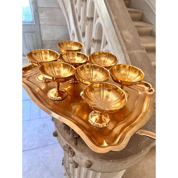 Vintage dessert coupes set, 8 footed metal bowls with tray, ice cream cups - Picture 1 of 6